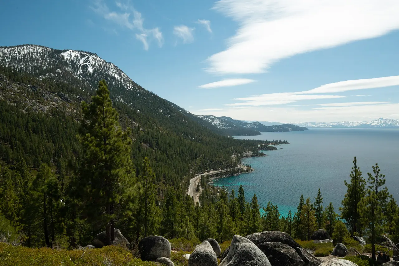Lake Tahoe stretching toward snow-capped mountains